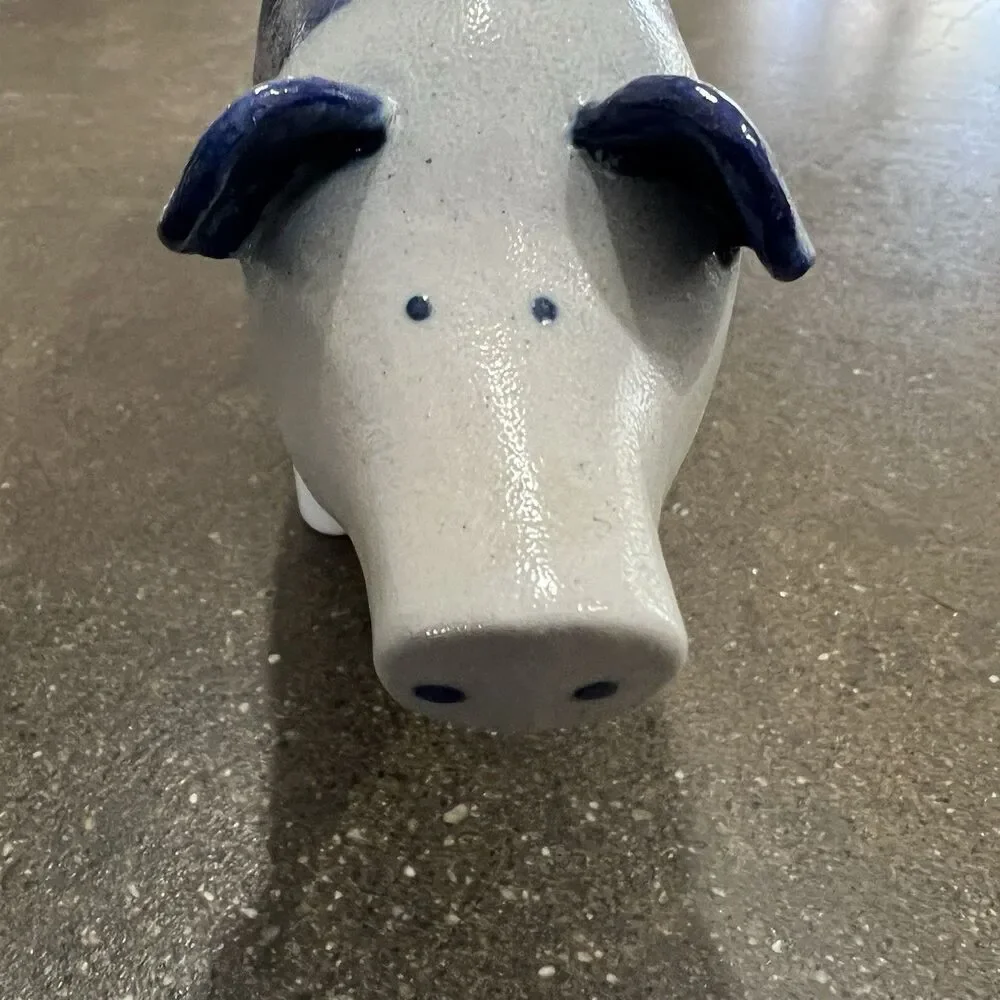 VTG Signed David ELDRETH SALT GLAZED Stonewear Pig COBALT BLUE ON GRAY - Picture 6 of 12